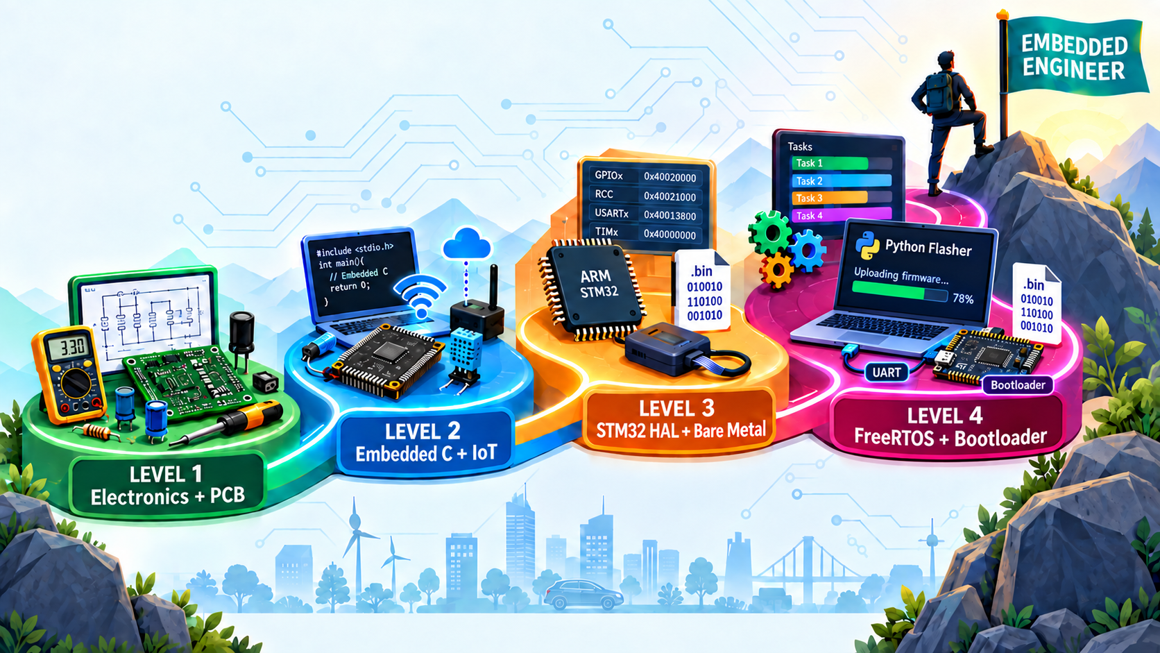 Colorful embedded systems career roadmap from electronics and PCB design through Embedded C, IoT, STM32, FreeRTOS and Bootloader