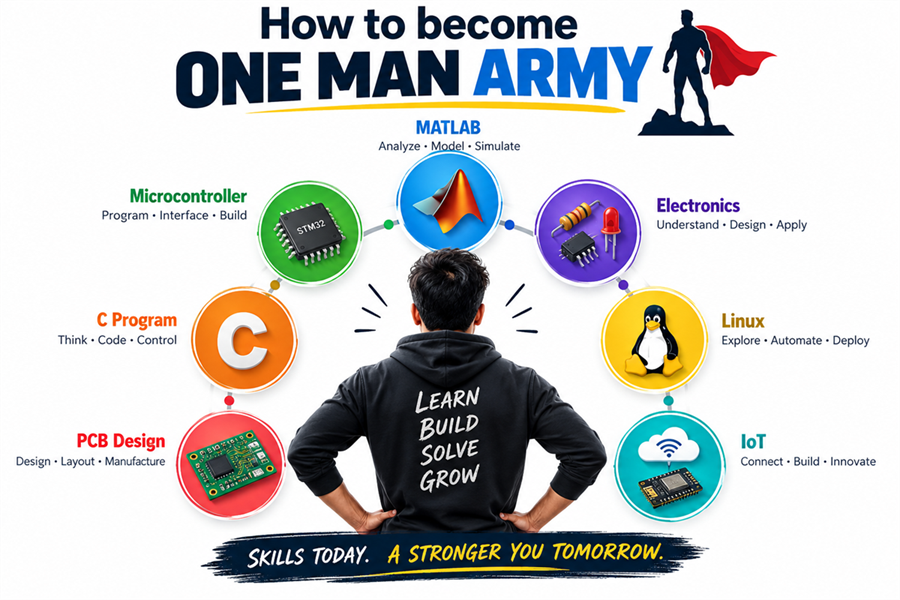 How to become a one man army through MATLAB, electronics, Linux, IoT, PCB design, C programming, and microcontroller skills
